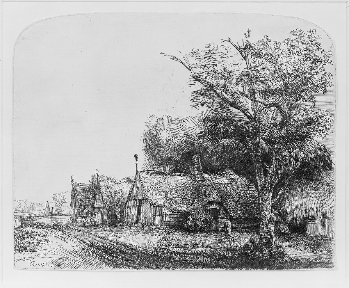 Landscape with Three Gabled Cottages Beside a Road, Rembrandt (Rembrandt van Rijn) (Dutch, Leiden 1606–1669 Amsterdam), Etching and drypoint; third of three states