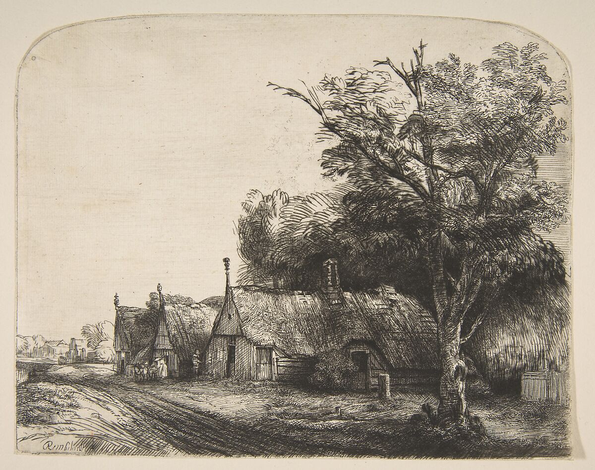 Landscape with Three Gabled Cottages Beside a Road, Rembrandt (Rembrandt van Rijn) (Dutch, Leiden 1606–1669 Amsterdam), Etching and drypoint; third of three states 