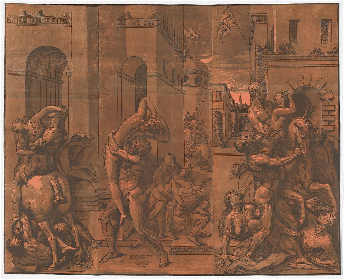 The Rape of the Sabines, Andrea Andreani (Italian, Mantua 1558/1559–1629), Chiaroscuro woodcut in three sections (joined), each printed from four blocks 