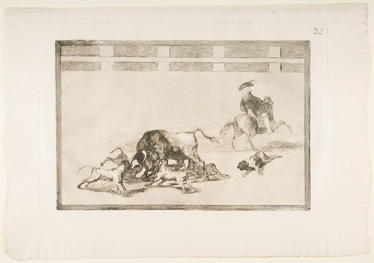 Plate 25 from "La Tauromaquia": They loose dogs on the bull, Goya (Francisco de Goya y Lucientes) (Spanish, Fuendetodos 1746–1828 Bordeaux), Etching, burnished aquatint, drypoint 