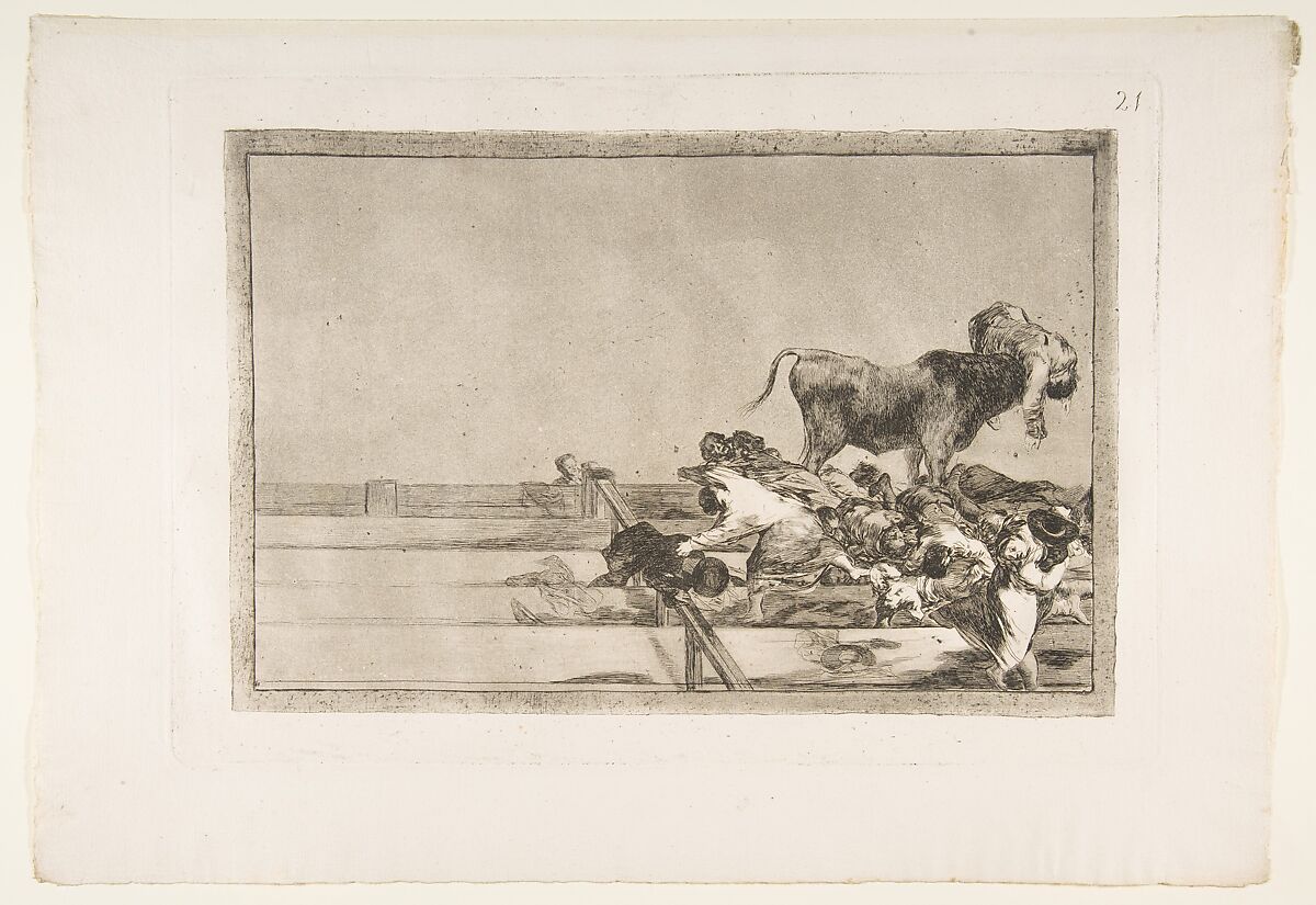 Plate 21 from "La Tauromaquia": Dreadful events in the front rows of the ring at Madrid and death of the mayor of Torrejon, Goya (Francisco de Goya y Lucientes) (Spanish, Fuendetodos 1746–1828 Bordeaux), Etching, burnished aquatint, lavis, drypoint, burin 