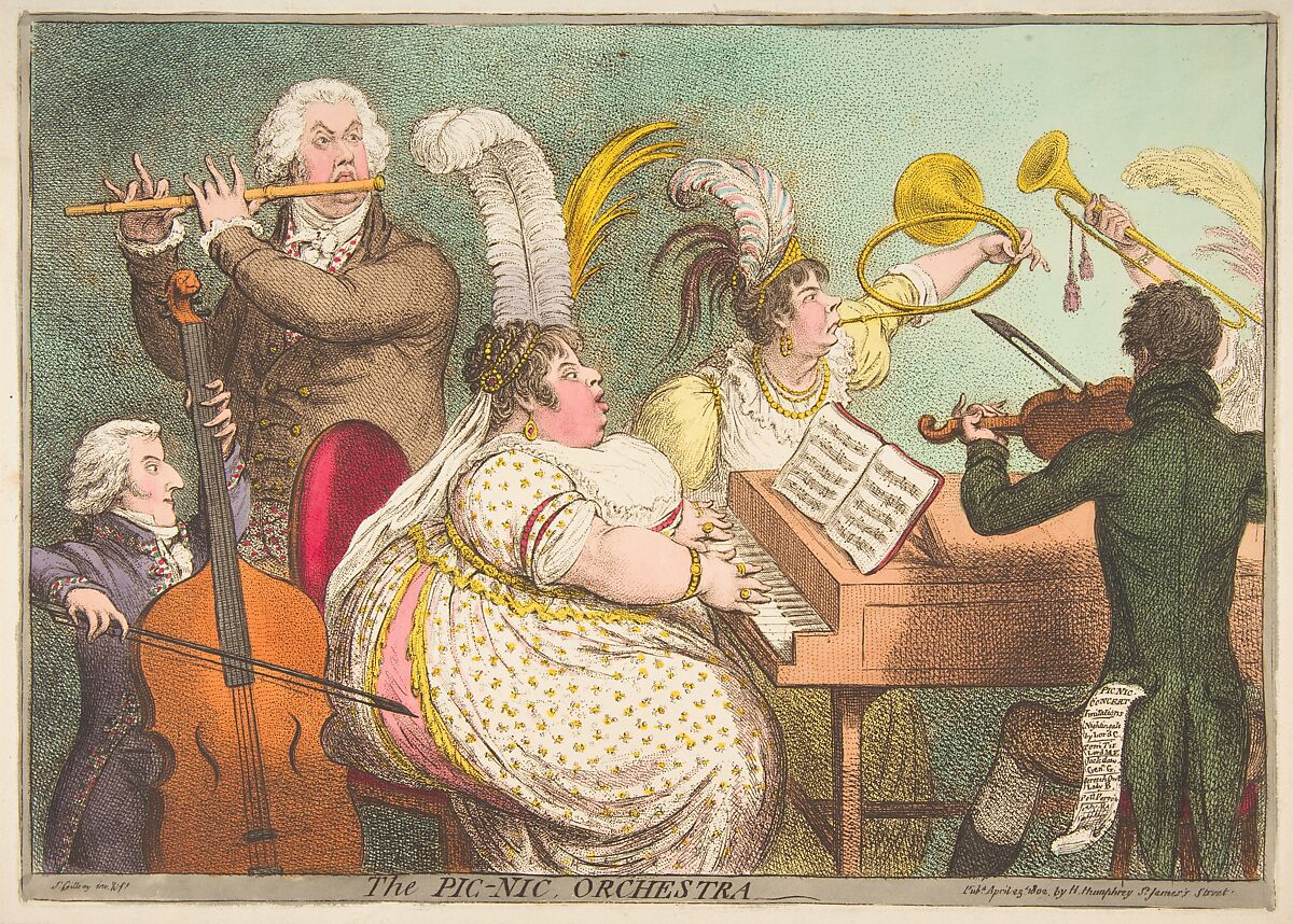 The Pic-Nic Orchestra, James Gillray (British, London 1756–1815 London), Hand-colored etching and engraving 