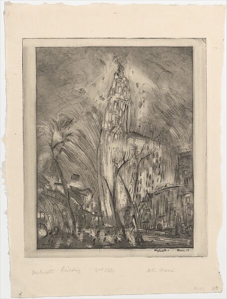 Woolworth Building, No. 1, John Marin (American, Rutherford, New Jersey 1870–1953 Cape Split, Maine), Etching with monotype printing; second state of two 