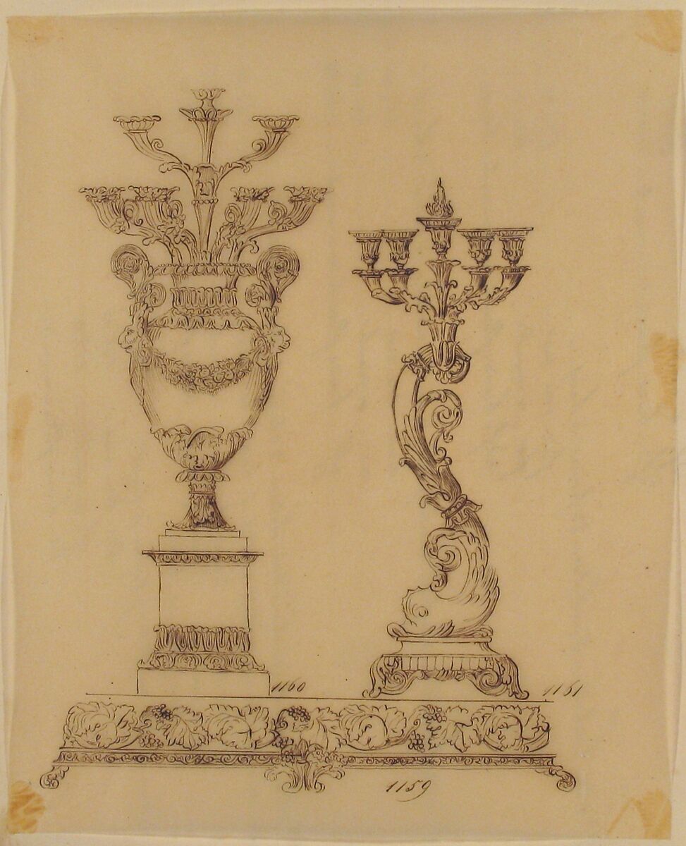 Designs for Two Candelabras and a Pedestal, Anonymous, French, 19th century, Pen and brown ink