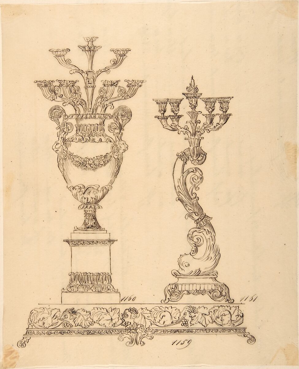 Designs for Two Candelabras and a Pedestal, Anonymous, French, 19th century, Pen and brown ink 