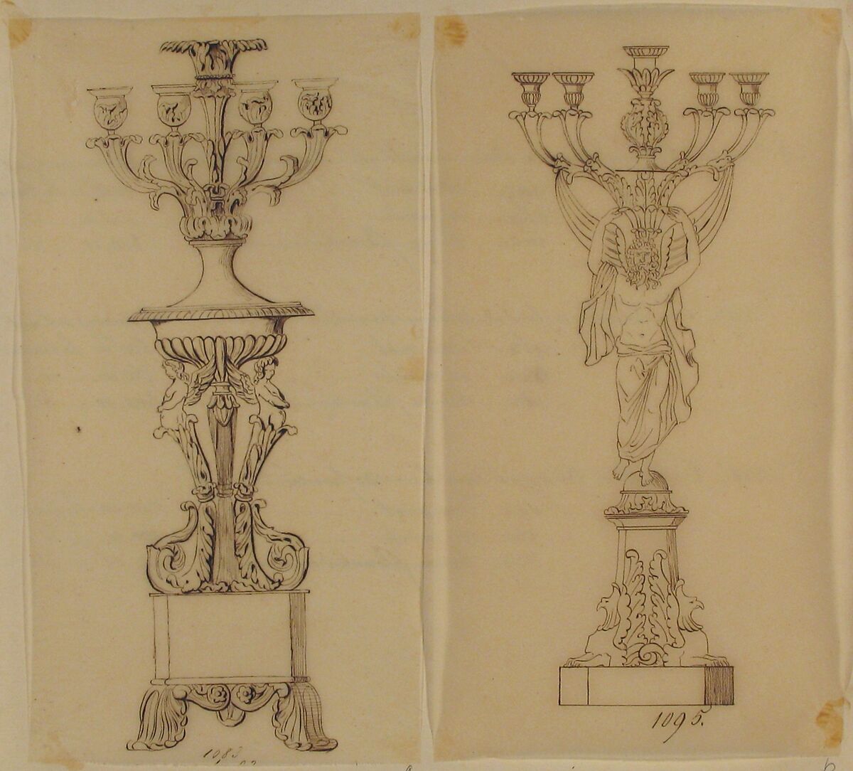 Designs for Two Candelabras, Anonymous, French, 19th century, Pen and brown ink