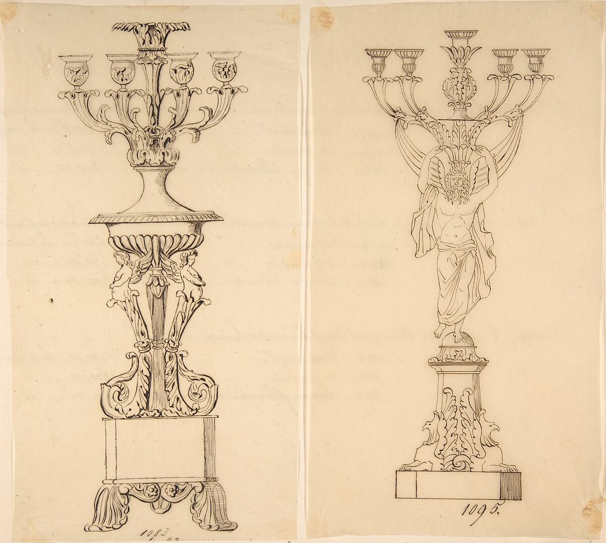 Designs for Two Candelabras, Anonymous, French, 19th century, Pen and brown ink 