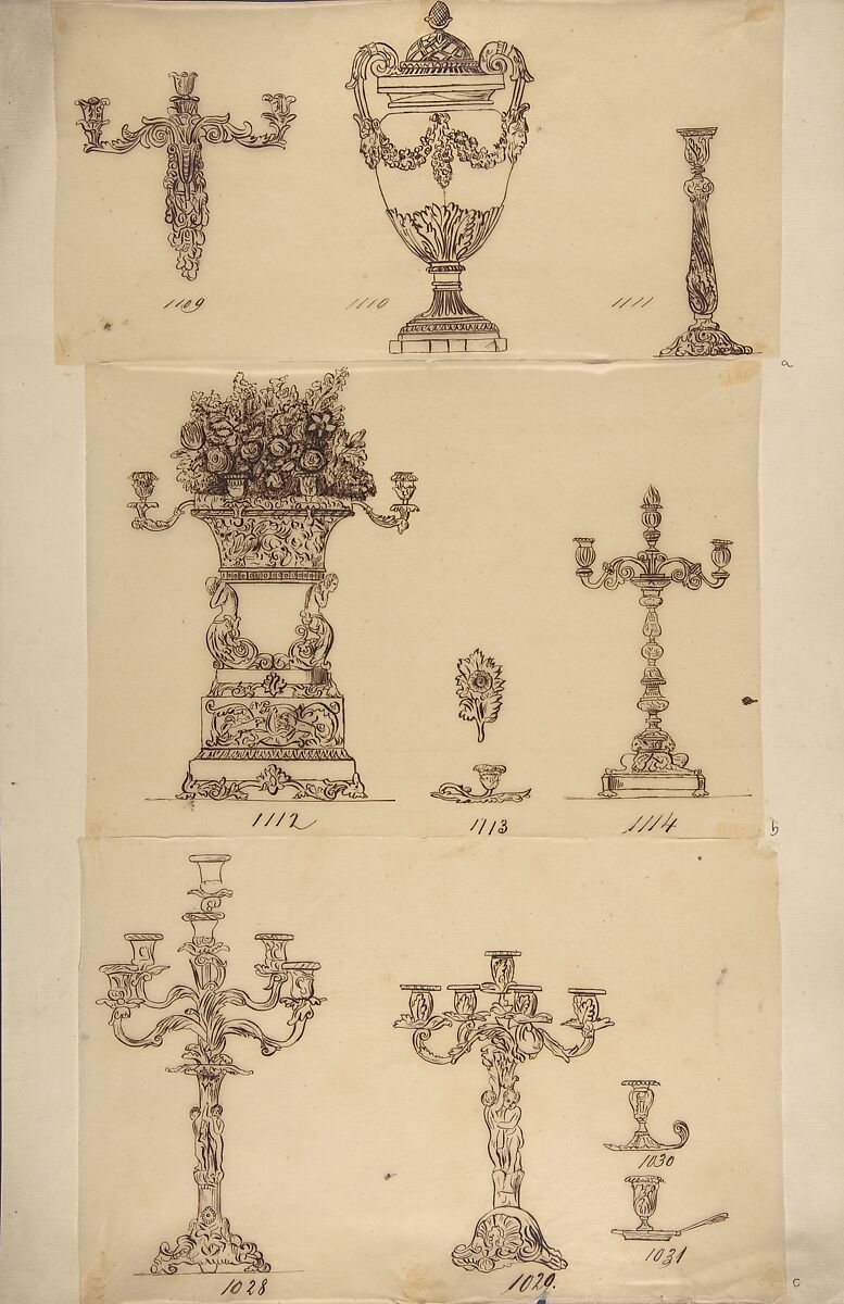 Various Designs for Lighting, Anonymous, French, 19th century, Pen and brown ink 