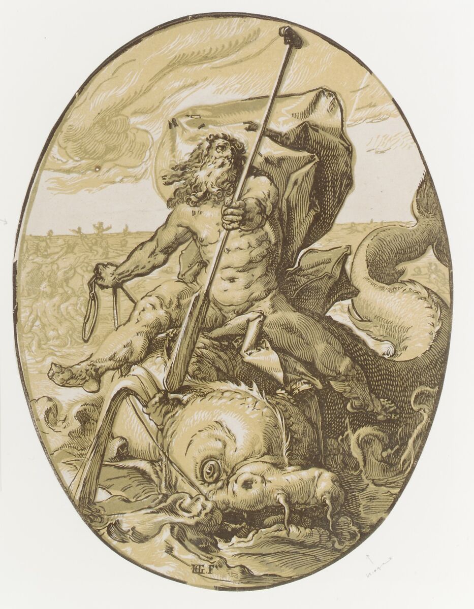 Oceanus, Hendrick Goltzius (Netherlandish, Mühlbracht 1558–1617 Haarlem), Chiaroscuro woodcut from three blocks