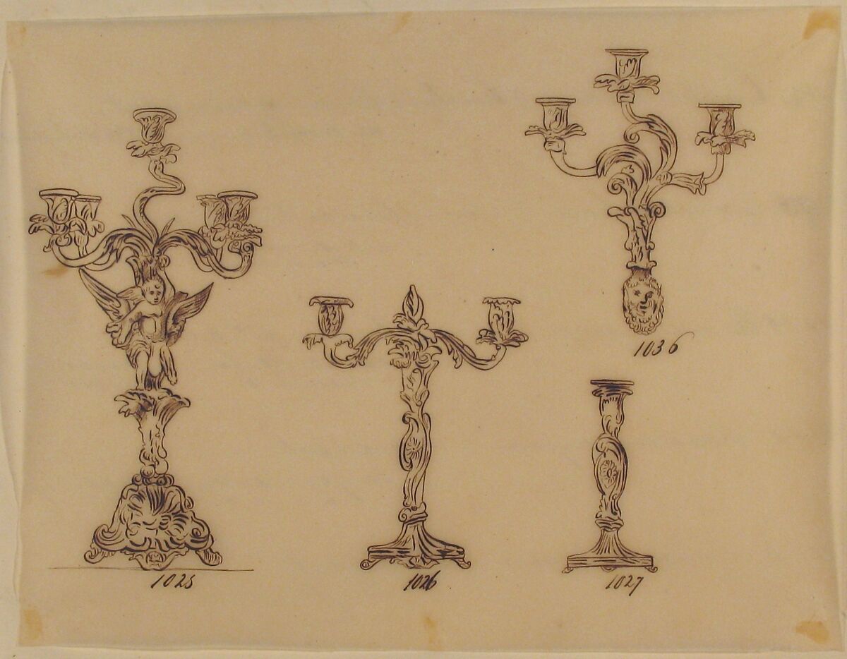 Designs for Four Candle Fixtures, Anonymous, French, 19th century, Pen and brown ink
