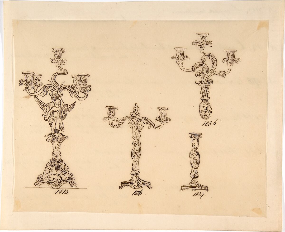 Designs for Four Candle Fixtures, Anonymous, French, 19th century, Pen and brown ink 