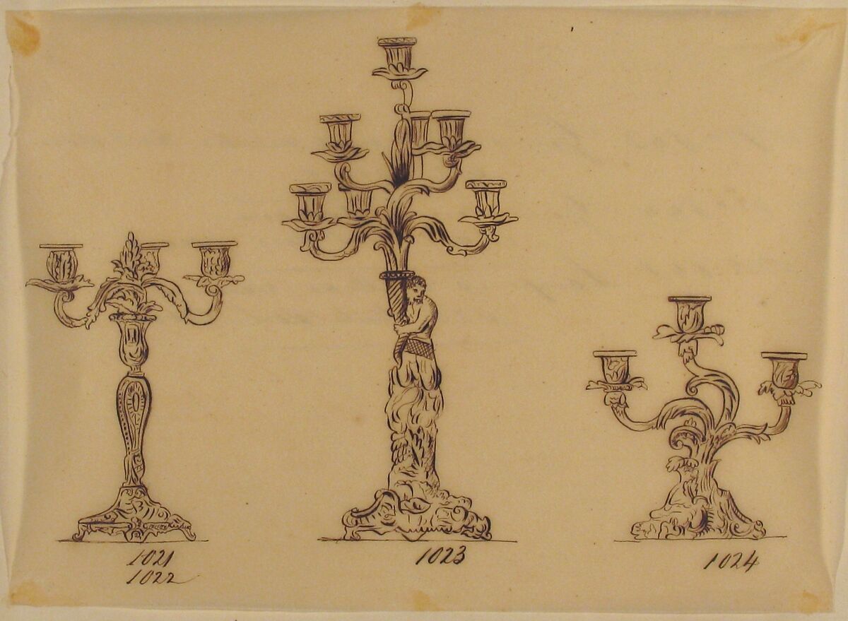 Designs for Three Candelabras, Anonymous, French, 19th century, Pen and brown ink