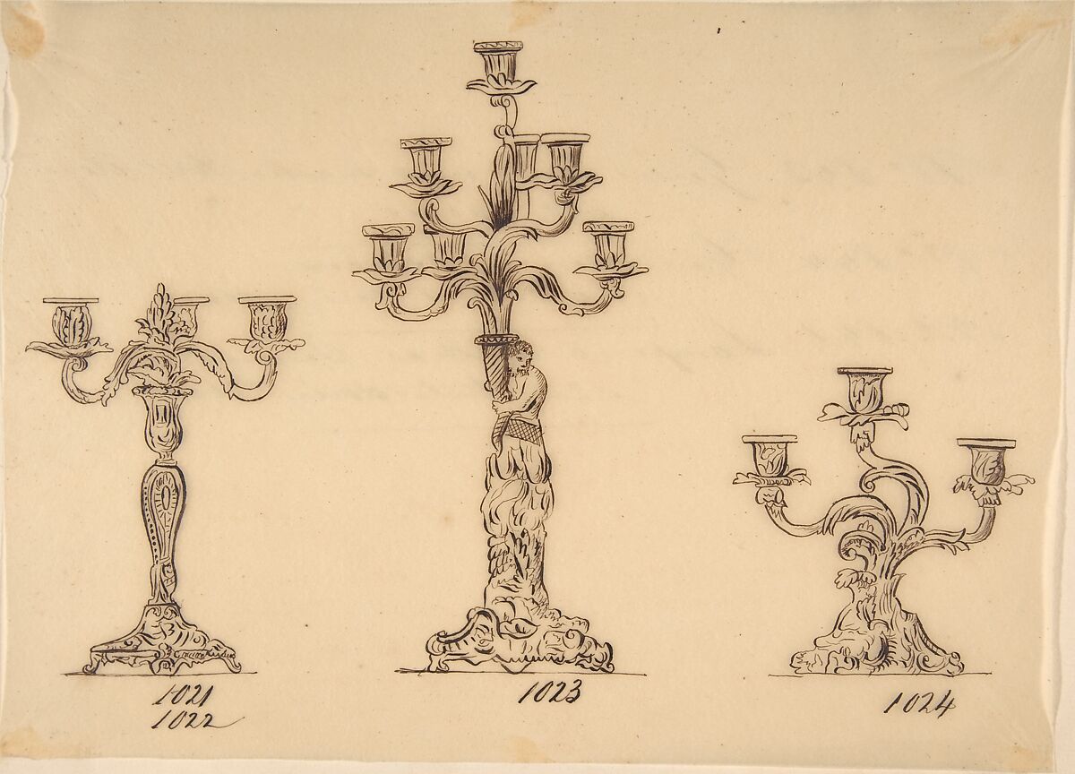 Designs for Three Candelabras, Anonymous, French, 19th century, Pen and brown ink 