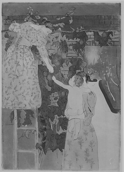 Gathering Fruit, Mary Cassatt (American, Pittsburgh, Pennsylvania 1844–1926 Le Mesnil-Théribus, Oise), Drypoint, softground etching, and aquatint; printed in color on green paper from three plates; eleventh state of eleven (Mathews & Shapiro)