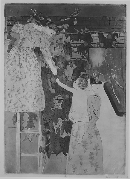 Gathering Fruit, Mary Cassatt (American, Pittsburgh, Pennsylvania 1844–1926 Le Mesnil-Théribus, Oise), Drypoint, softground etching, and aquatint; printed in color on green paper from three plates; eleventh state of eleven (Mathews & Shapiro)