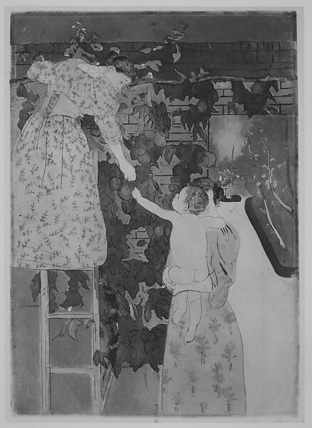 Gathering Fruit, Mary Cassatt (American, Pittsburgh, Pennsylvania 1844–1926 Le Mesnil-Théribus, Oise), Drypoint, softground etching, and aquatint; printed in color on green paper from three plates; eleventh state of eleven (Mathews & Shapiro)