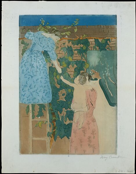 Gathering Fruit, Mary Cassatt (American, Pittsburgh, Pennsylvania 1844–1926 Le Mesnil-Théribus, Oise), Drypoint, softground etching, and aquatint; printed in color on green paper from three plates; eleventh state of eleven (Mathews & Shapiro)