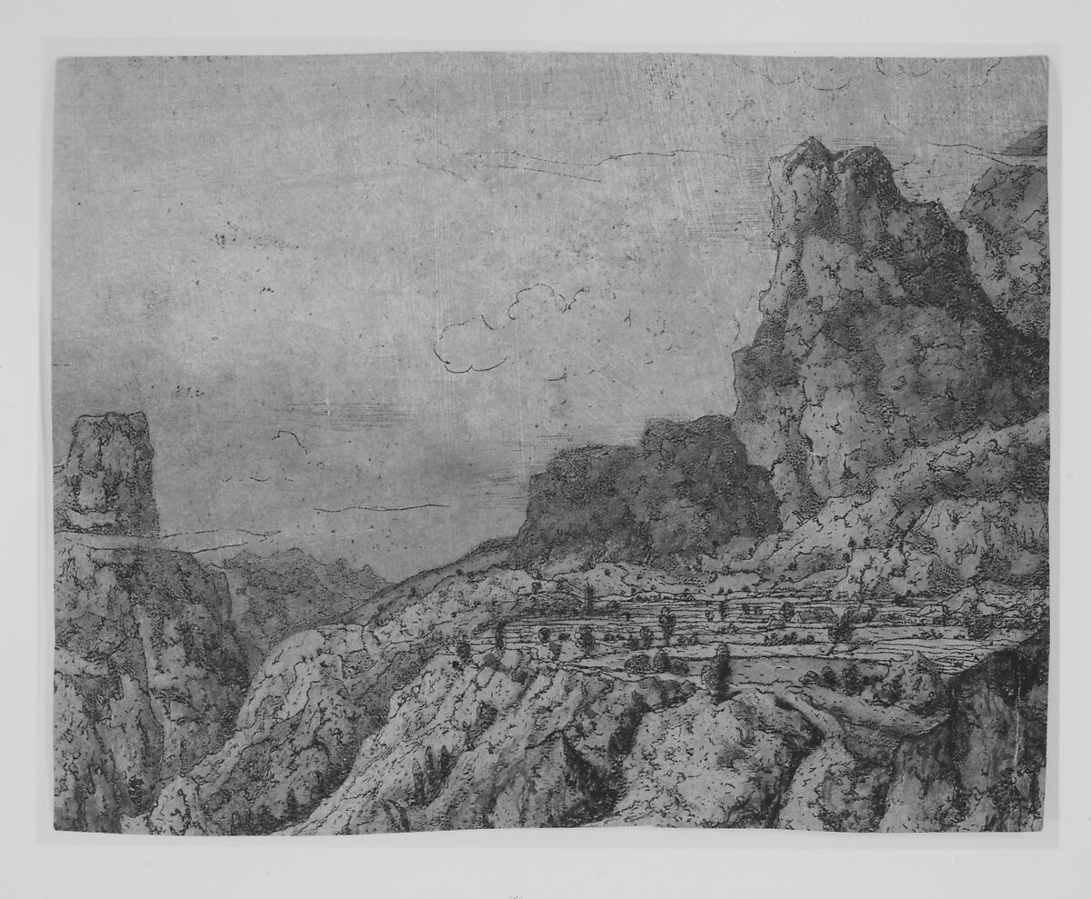 Mountain Valley with a Plateau, Hercules Segers (Dutch, ca. 1590–ca. 1638), Line etching, drypoint, and metal punch printed in blue-green, on a yellow-green ground, colored with brush; second state of two
