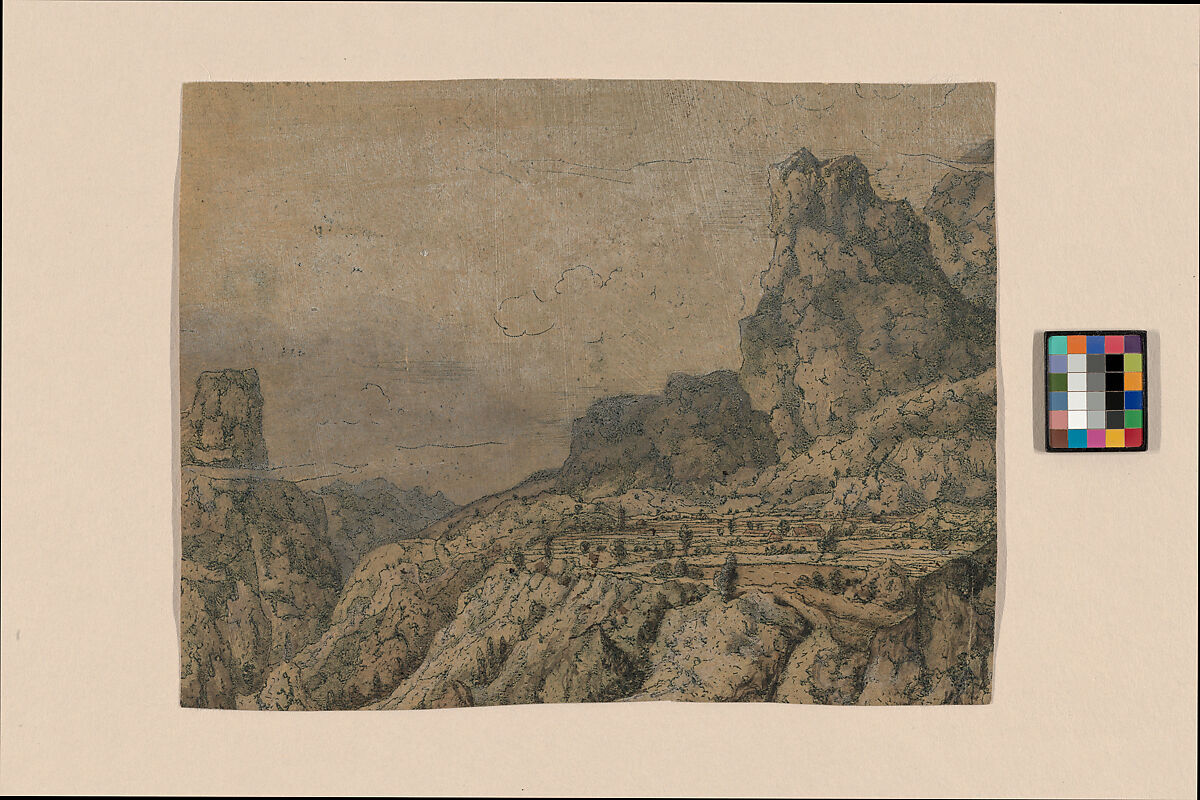 Mountain Valley with a Plateau, Hercules Segers (Dutch, ca. 1590–ca. 1638), Line etching, drypoint, and metal punch printed in blue-green, on a yellow-green ground, colored with brush; second state of two