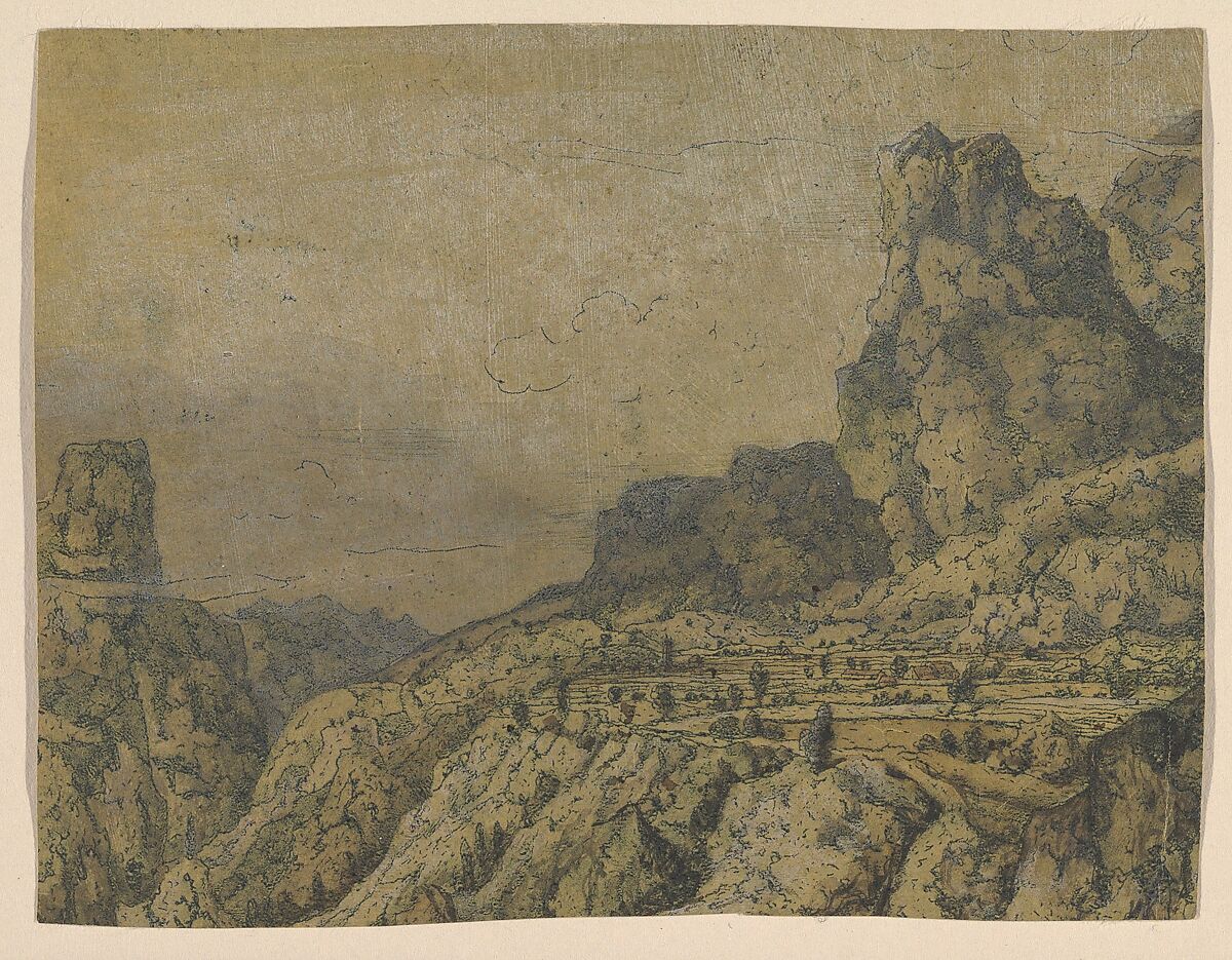 Mountain Valley with a Plateau, Hercules Segers (Dutch, ca. 1590–ca. 1638), Line etching, drypoint, and metal punch printed in blue-green, on a yellow-green ground, colored with brush; second state of two 