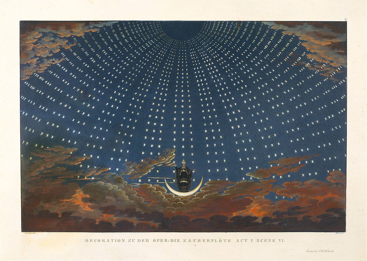 Design for The Magic Flute:  The Hall of Stars in the Palace of the Queen of the Night, Act 1, Scene 6, After Karl Friedrich Schinkel (German, Neuruppin 1781–1841 Berlin), Aquatint printed in color and hand colored 
