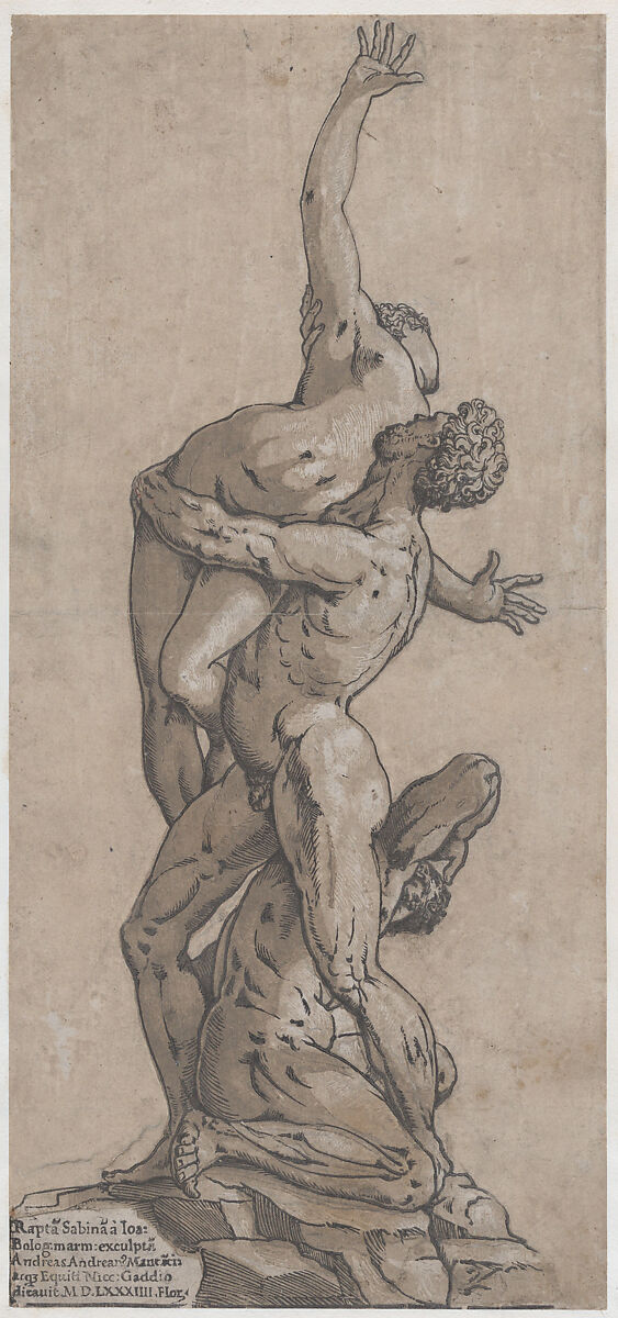 Rape of a Sabine Woman, Andrea Andreani (Italian, Mantua 1558/1559–1629), Chiaroscuro woodcut from three blocks in gray-brown 