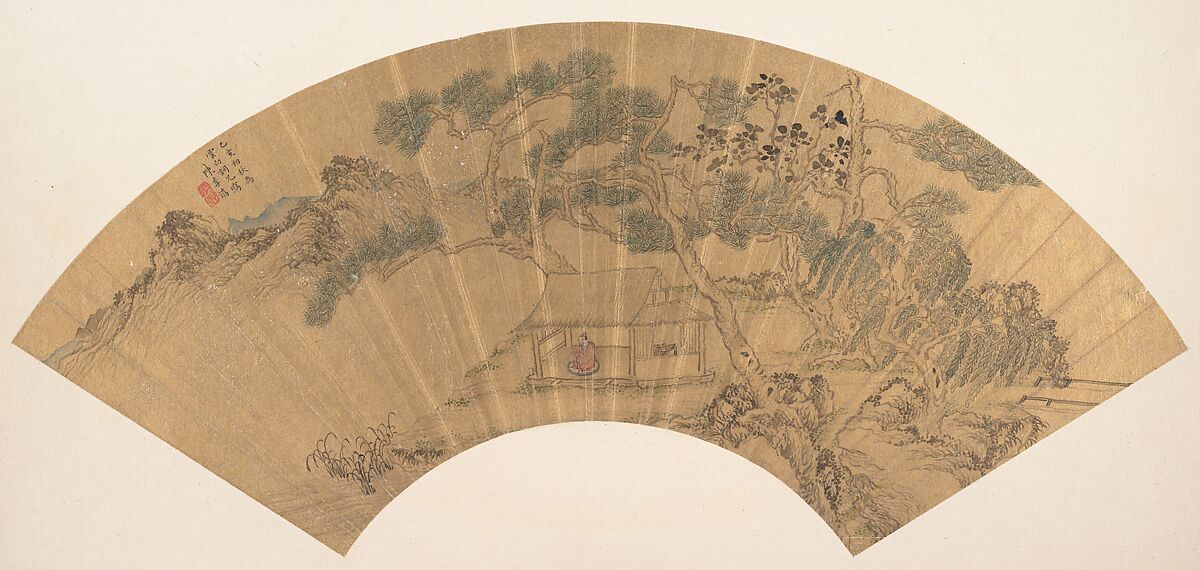 Landscape with figure, Chen Jichun (Chinese, active mid-17th century), Folding fan mounted as an album leaf; ink and color on gold paper, China 