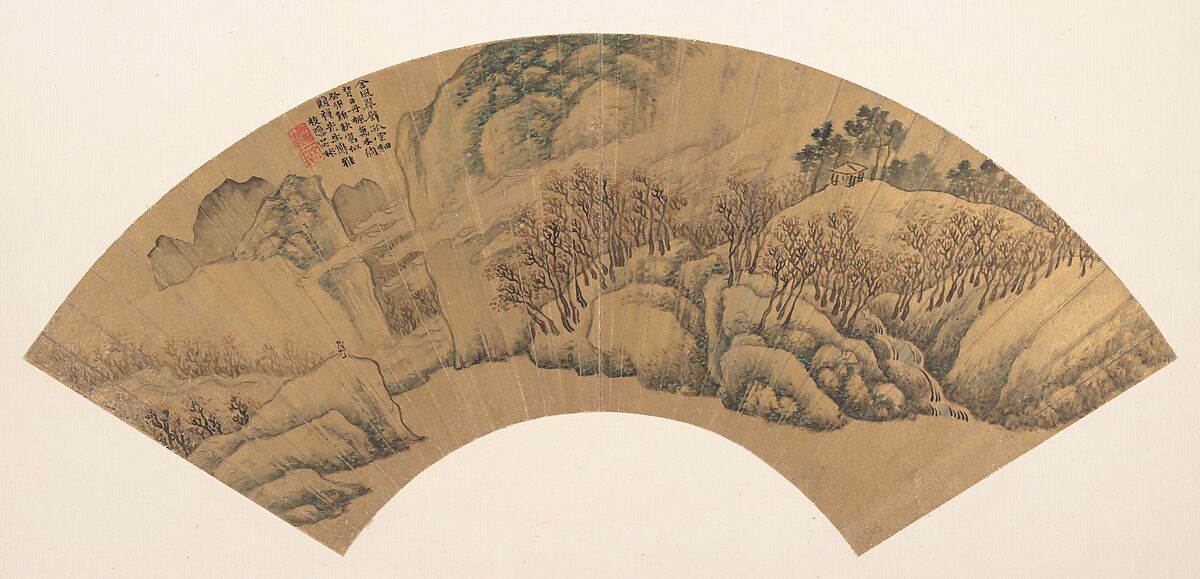 Azure Cliff with Red Maples, Wu Bin (active ca. 1583–1626), Folding fan mounted as an album leaf; ink and color on paper, China 