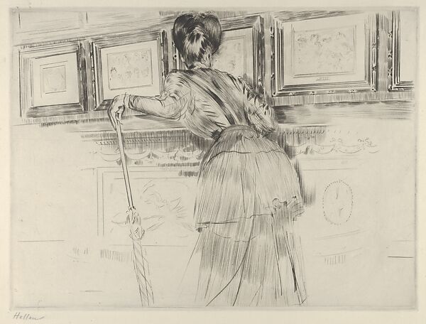 Madame Helleu Looking at the Watteau Drawings in the Louvre, Paul-César Helleu (French, Vannes 1859–1927 Paris), Drypoint 