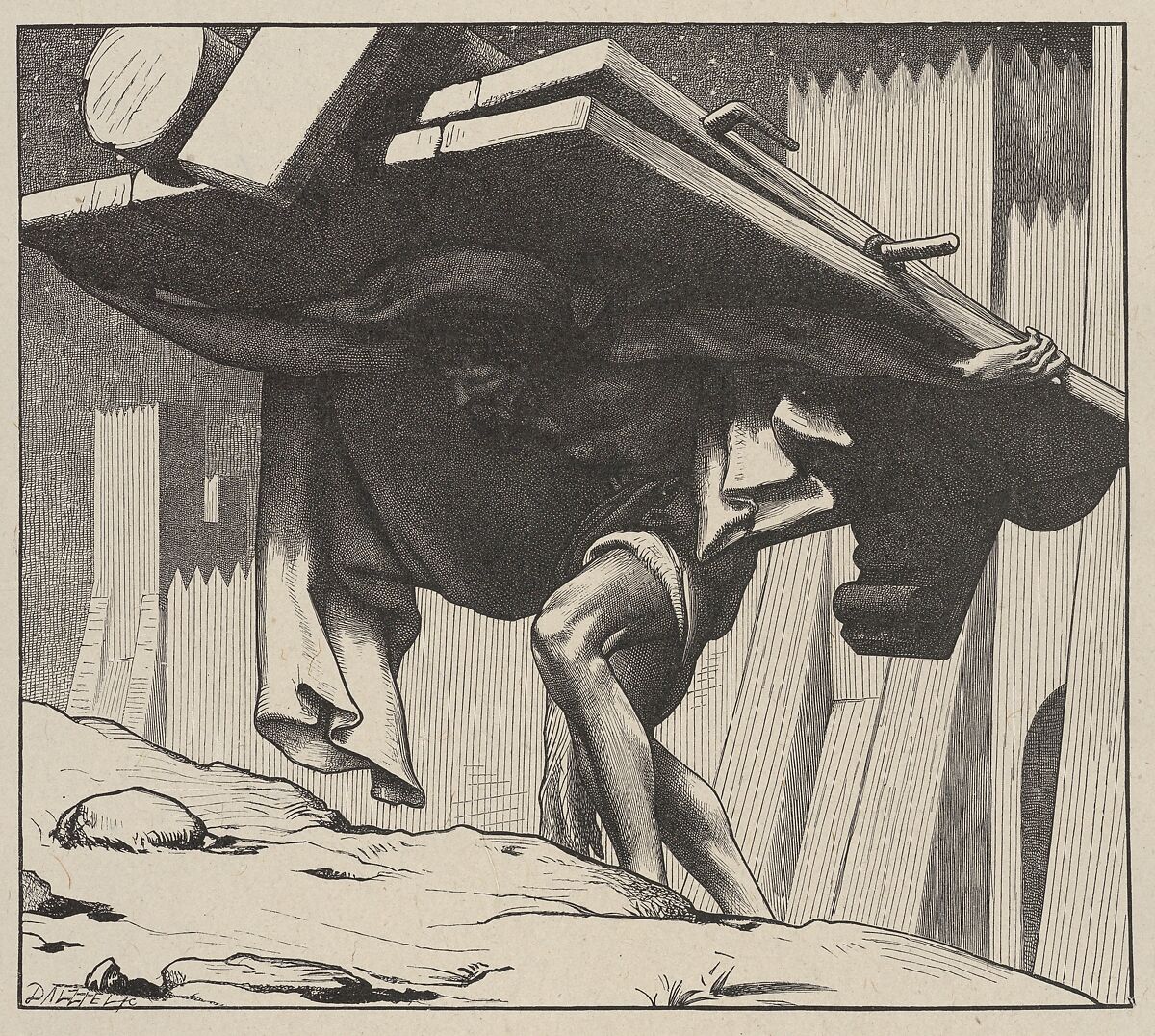 Samson Carrying the Gates, from "Dalziels' Bible Gallery", After Frederic, Lord Leighton (British, Scarborough 1830–1896 London), Wood engraving on India paper, mounted on thin card 