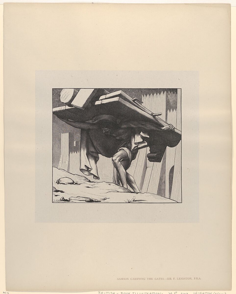 Samson Carrying the Gates, from "Dalziels' Bible Gallery", After Frederic, Lord Leighton (British, Scarborough 1830–1896 London), Wood engraving on India paper, mounted on thin card