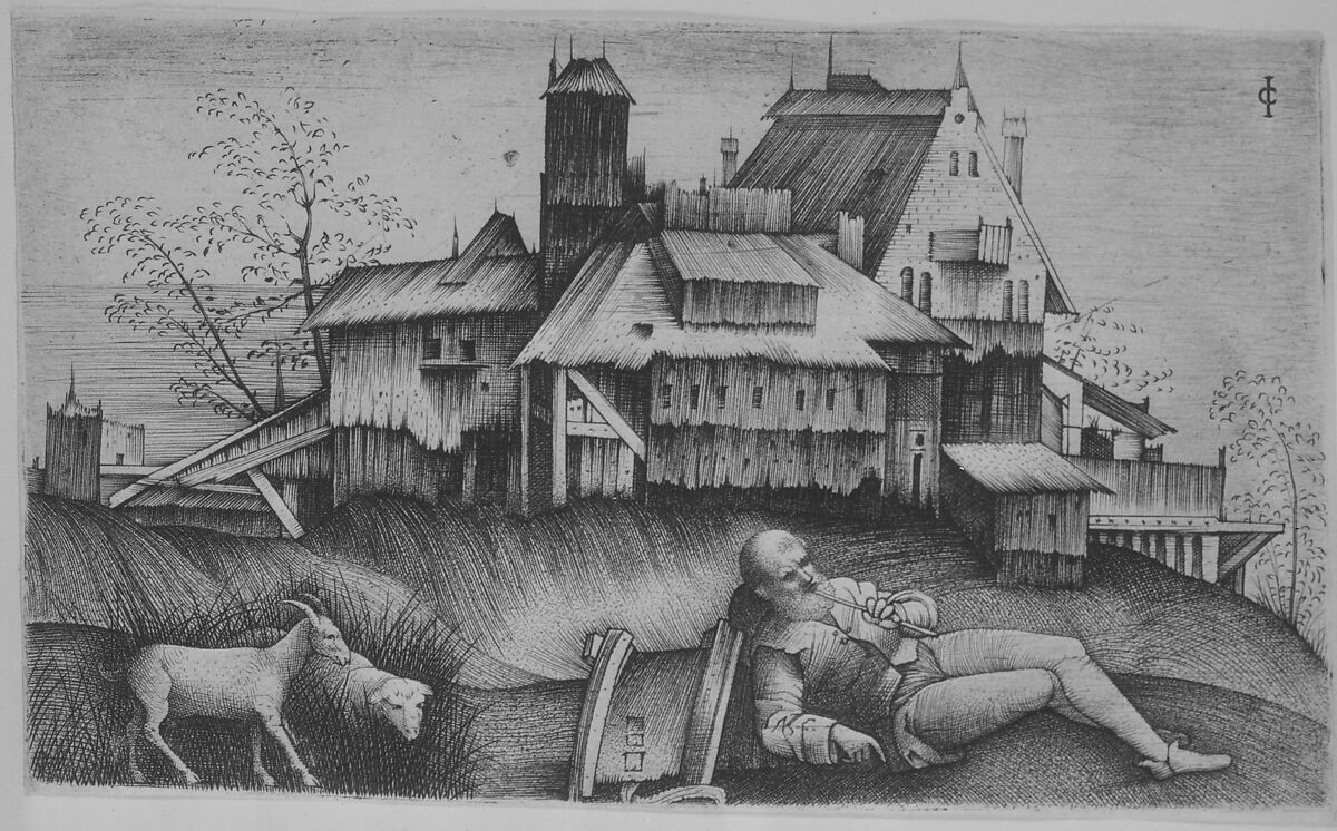 The old shepherd lying in a landscape, buildings behind, a goat and a sheep to the left, Giulio Campagnola (Italian, Padua ca. 1482–ca. 1515/18 Venice), Engraving