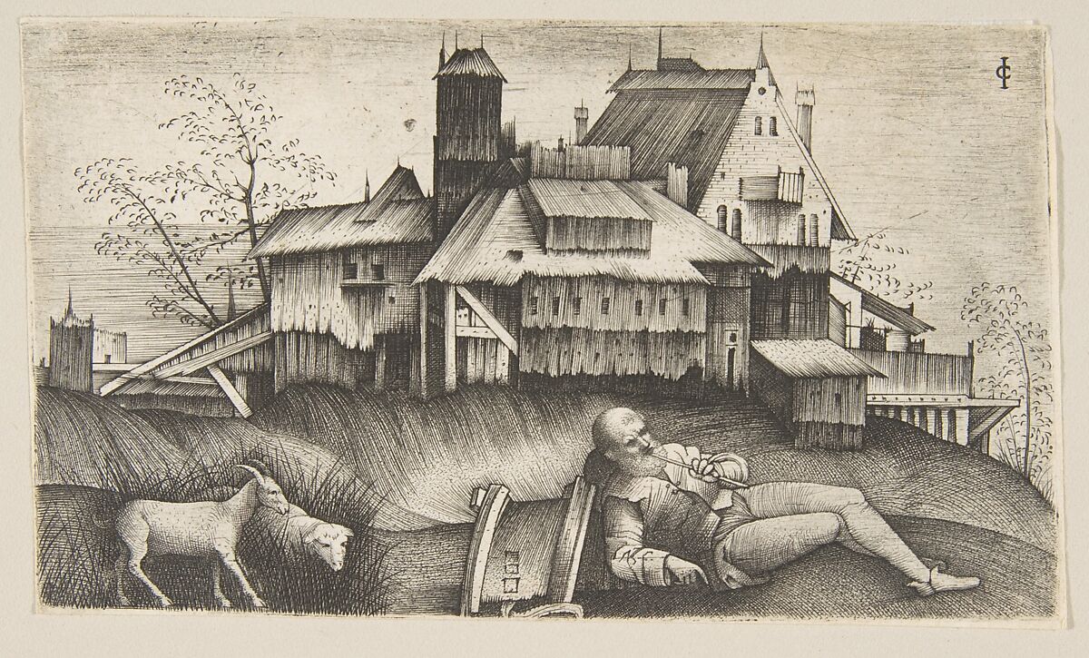 The old shepherd lying in a landscape, buildings behind, a goat and a sheep to the left, Giulio Campagnola (Italian, Padua ca. 1482–ca. 1515/18 Venice), Engraving 