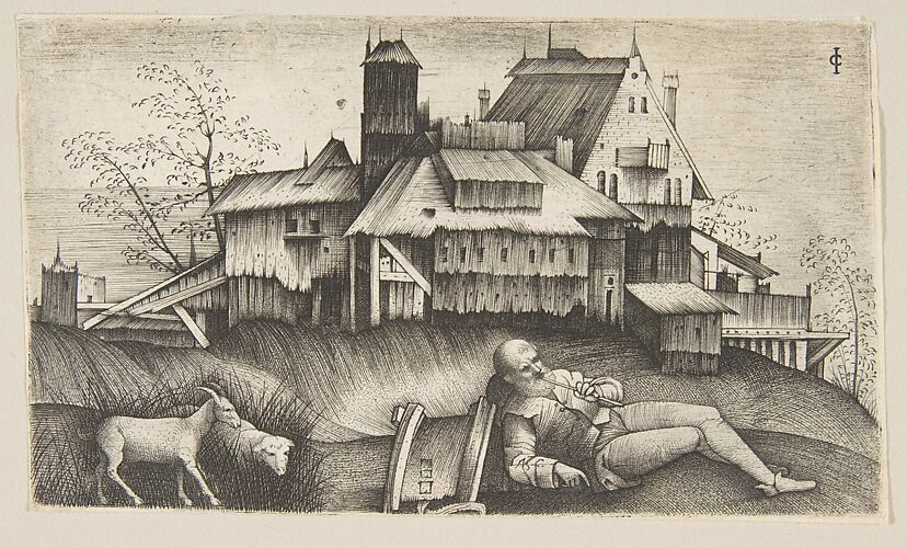 The old shepherd lying in a landscape, buildings behind, a goat and a sheep to the left