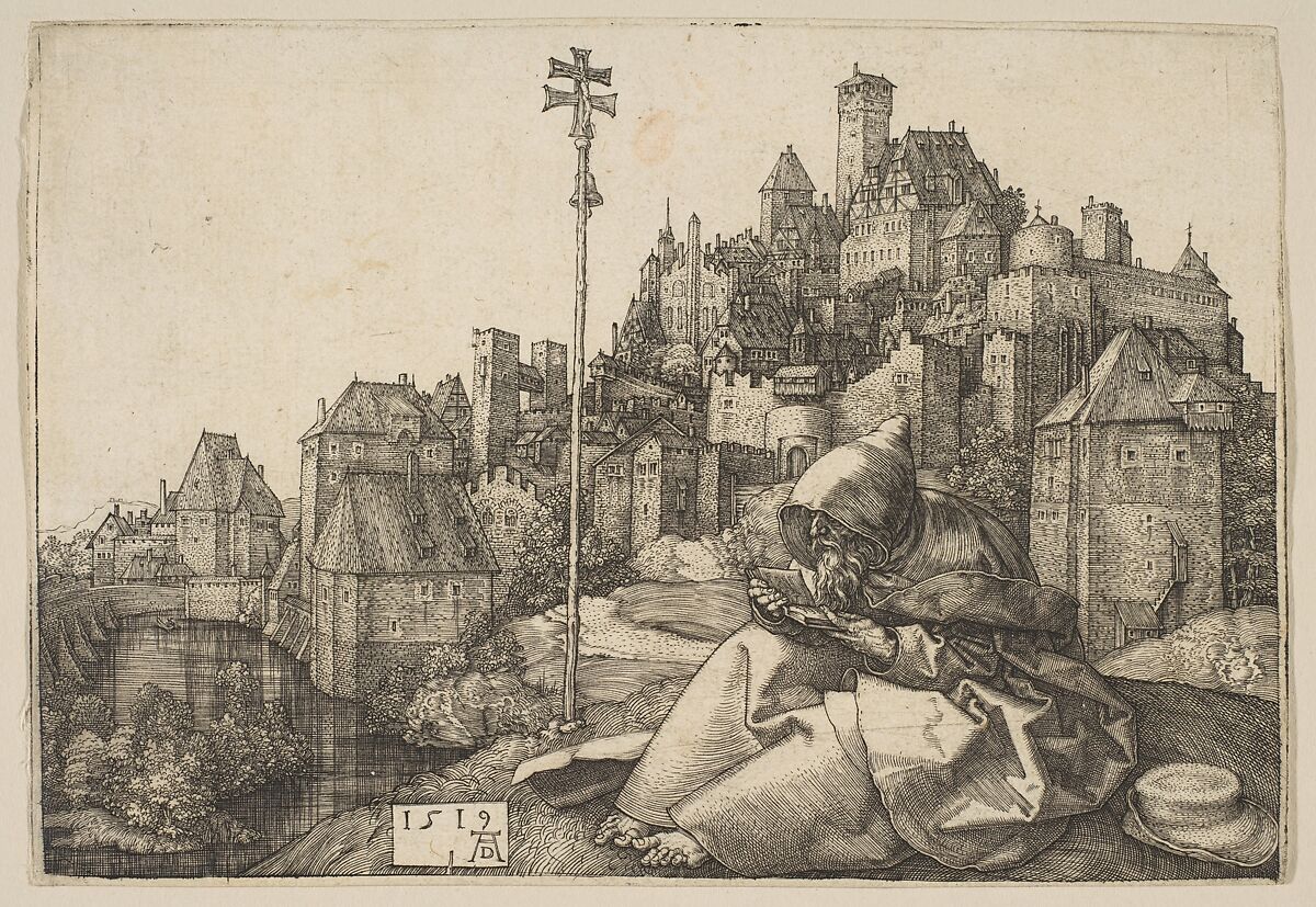 Saint Anthony Reading, Albrecht Dürer (German, Nuremberg 1471–1528 Nuremberg), Engraving 