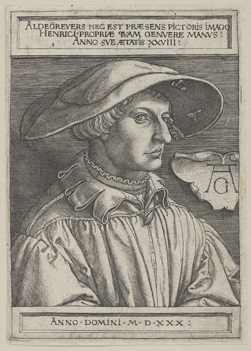 Self-Portrait at Age Twenty-Eight, Heinrich Aldegrever (German, Paderborn ca. 1502–1555/1561 Soest), Engraving; second state of two (New Hollstein) 