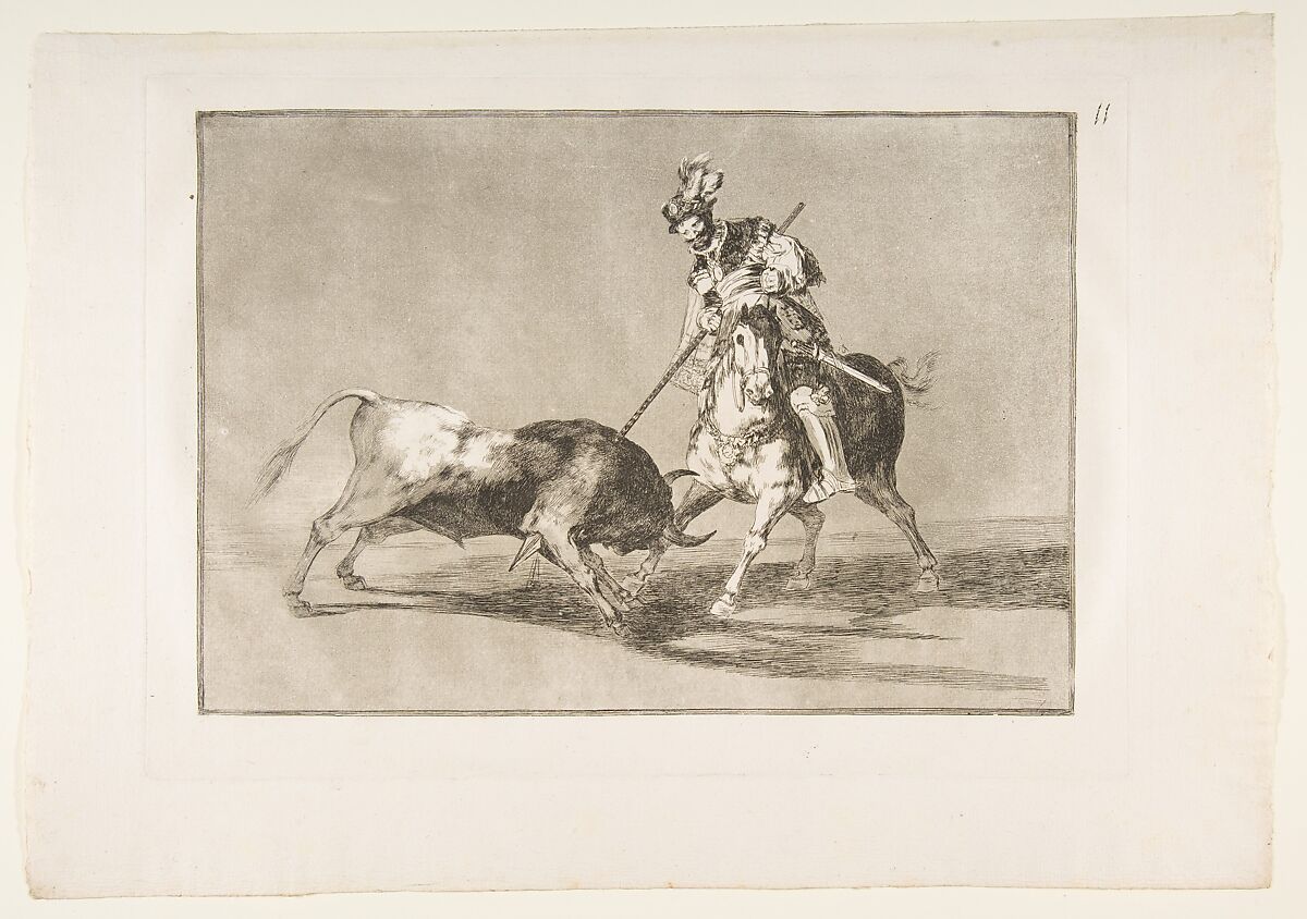 Plate 11 from "La Tauromaquia": The Cid campeador spearing another bull, Goya (Francisco de Goya y Lucientes)  Spanish, Etching, burnished aquatint, burin
