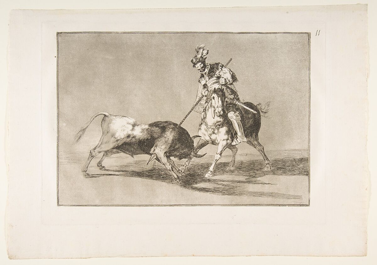 Plate 11 from "La Tauromaquia": The Cid campeador spearing another bull, Goya (Francisco de Goya y Lucientes) (Spanish, Fuendetodos 1746–1828 Bordeaux), Etching, burnished aquatint, burin 