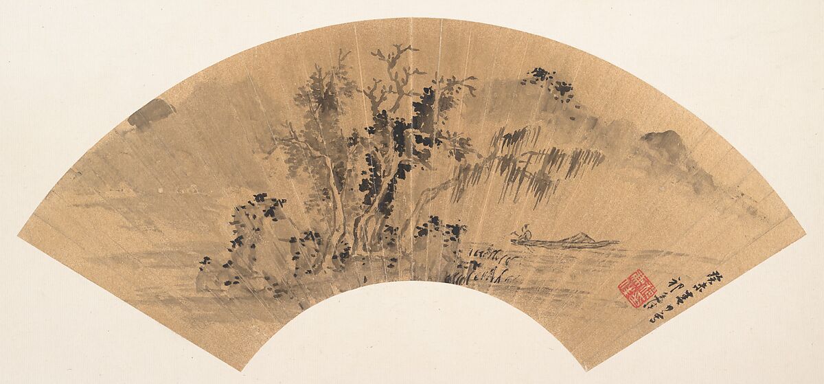 Landscape with fisherman, Qi Zhijia (Chinese, active ca. 1627–after 1682), Folding fan mounted as an album leaf; ink on paper, China 