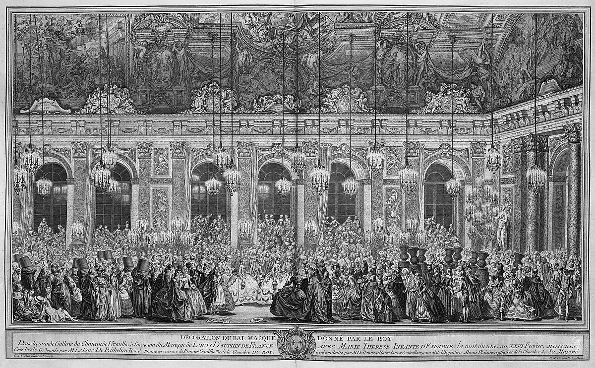 Decoration for a Masked Ball at Versailles, on the Occasion of the Marriage of Louis, Dauphin of France, and Maria Theresa, Infanta of Spain (Bal masqué donné par le roi, dans la grande galerie de Versailles, pour le mariage de Dauphin, 1745), Charles Nicolas Cochin I (French, Paris 1688–1754 Paris), Etching with engraving
