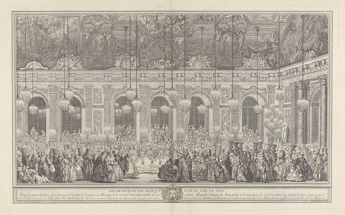 Decoration for a Masked Ball at Versailles, on the Occasion of the Marriage of Louis, Dauphin of France, and Maria Theresa, Infanta of Spain (Bal masqué donné par le roi, dans la grande galerie de Versailles, pour le mariage de Dauphin, 1745), Charles Nicolas Cochin I (French, Paris 1688–1754 Paris), Etching with engraving 