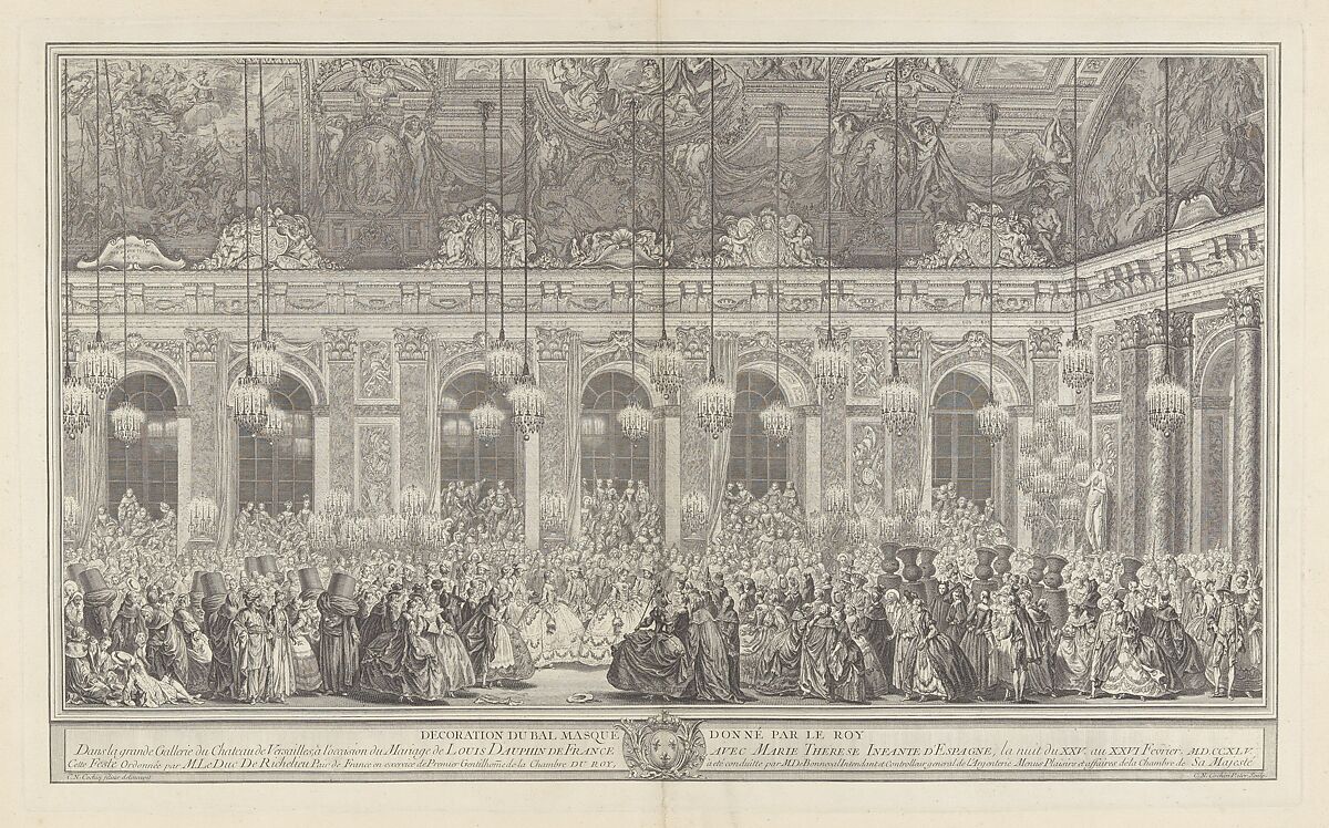 Decoration for a Masked Ball at Versailles, on the Occasion of the Marriage of Louis, Dauphin of France, and Maria Theresa, Infanta of Spain (Bal masqué donné par le roi, dans la grande galerie de Versailles, pour le mariage de Dauphin, 1745), Charles Nicolas Cochin I  French, Etching with engraving