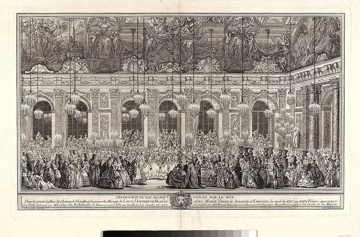 Decoration for a Masked Ball at Versailles, on the Occasion of the Marriage of Louis, Dauphin of France, and Maria Theresa, Infanta of Spain (Bal masqué donné par le roi, dans la grande galerie de Versailles, pour le mariage de Dauphin, 1745), Charles Nicolas Cochin I (French, Paris 1688–1754 Paris), Etching with engraving