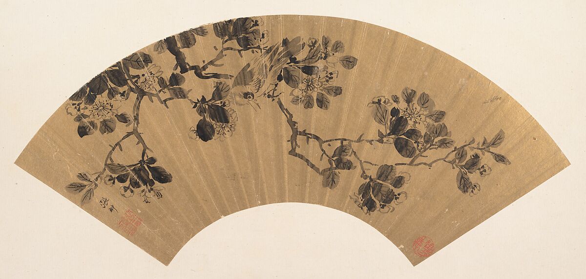 Bird on a flowering branch, Zhang Chong  Chinese, Folding fan mounted as an album leaf; ink on gold paper, China