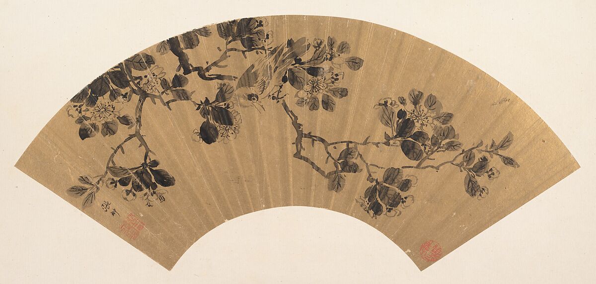 Bird on a flowering branch, Zhang Chong (Chinese, active ca. 1570–1610), Folding fan mounted as an album leaf; ink on gold paper, China 