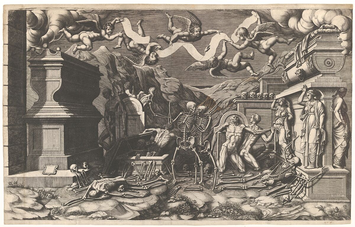 The Vision of Ezekiel; a group of corpses and skeletons emerging out of tombs, above them five winged putti holding a banderole, Giorgio Ghisi (Italian, Mantua ca. 1520–1582 Mantua), Engraving 