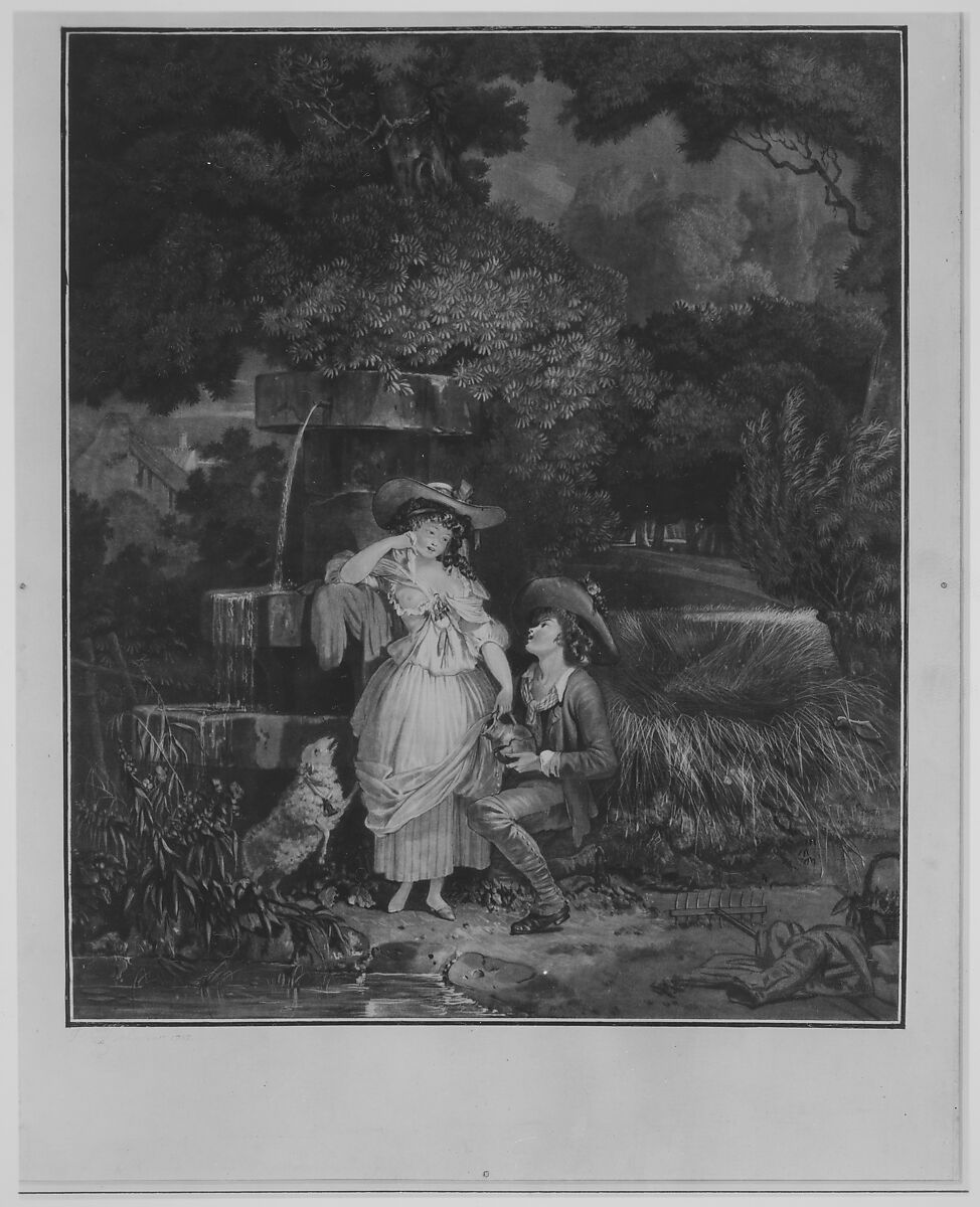 Fortune and Misfortune, or The Broken Pitcher, Louis Philibert Debucourt (French, Paris 1755–1832 Paris), Mezzotint (black), three etched and engraved plates (colors); second state of three 