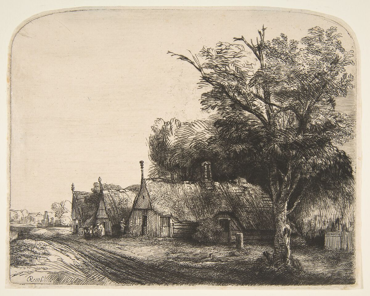 Landscape with Three Gabled Cottages Beside a Road, Rembrandt (Rembrandt van Rijn) (Dutch, Leiden 1606–1669 Amsterdam), Etching and drypoint; third of three states 