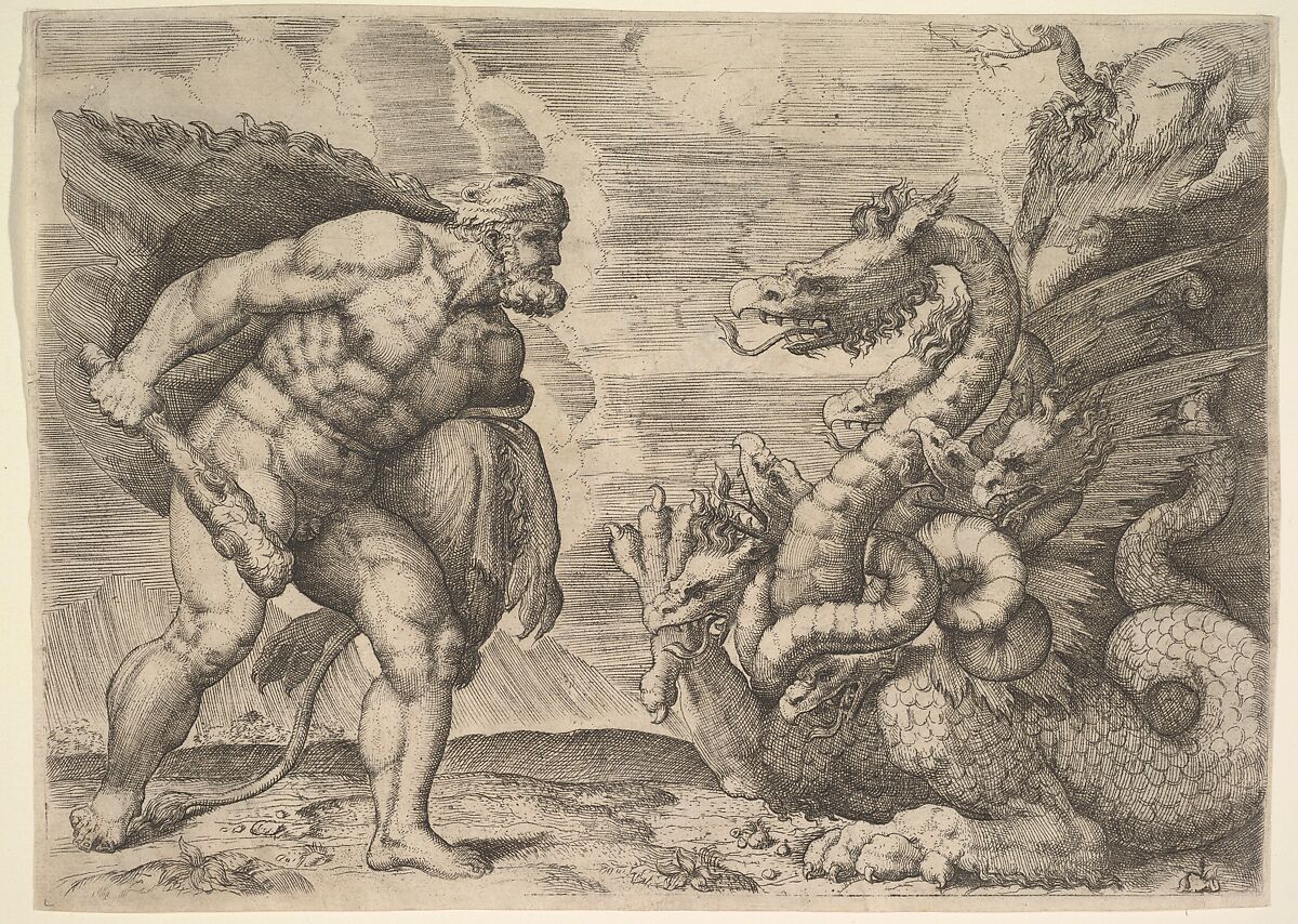 Hercules and the Hydra of Lerna, Marco Angolo del Moro (Italian, Verona (?) ca. 1537–after 1586), Etching with some engraving 