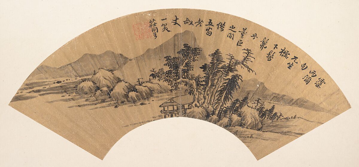 River Landscape, Zhuang Jiongsheng (Chinese, born 1626), Folding fan mounted as an album leaf; ink on gold paper, China 